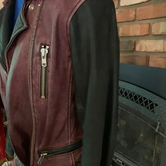 Iro Paris Distressed Burgundy/Black Leather Moto Jacket - Picture 3 of 8